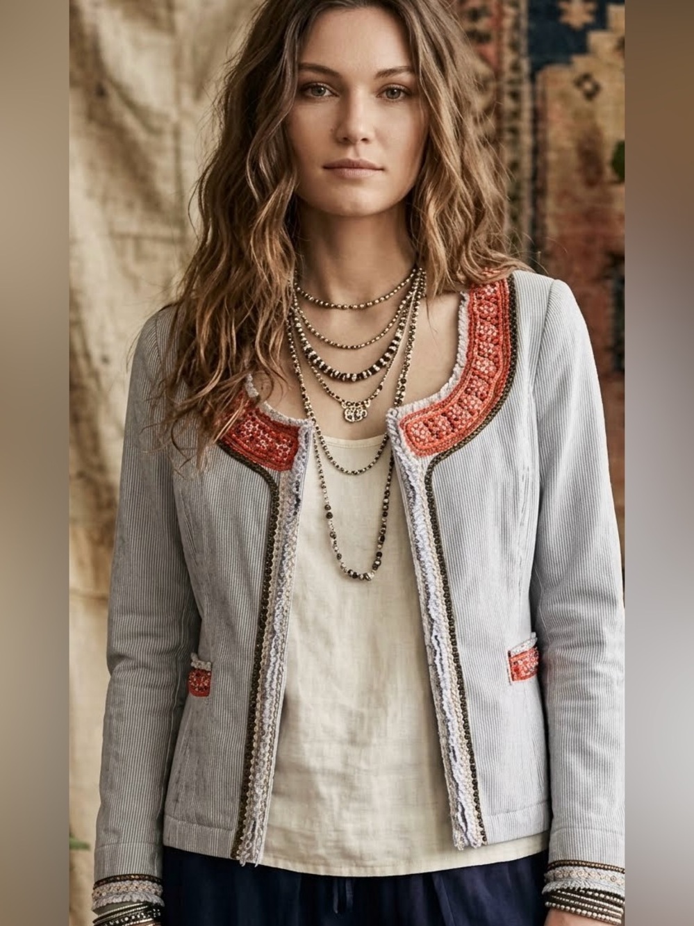 Free People My Fair Lady Cropped Pinstripe Jacket - Beaded Boho Blazer Sz 10